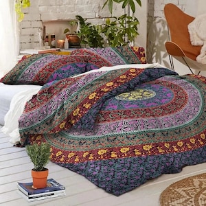 Luxury Violet Blue Six Color King Size Indian Mandala Cotton Boho Duvet Cover Handmade Quilt Doona Cover 2 Pillow Cover Bohemian Bedding