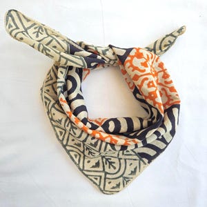 Bandana Scarf Handmade Hand Block Print Bandana in Cream, Pumpkin and Steel - Handmade Organic Cotton Bandana