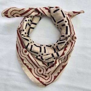 Bandana Scarf Handmade Hand Block Print Gamayun Bandana in Cream, Pumpkin and Steel - Handmade Organic Cotton Bandana