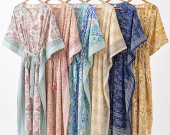 Indiase katoenen kaftan met handbedrukte print, luxe maxi-jurk voor in resorts, boho-chique zomerse loungewear, strandjurk voor dames, bloemenbadjas