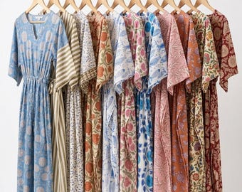 Floral Botanical Print Kaftan, Boho Maxi Dress, Indian Block Print Cotton Loungewear, Luxury Resort Wear Cover Up, Summer Vacation Dress