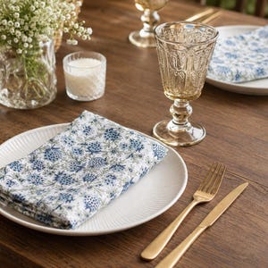 Hand Block Print Cotton Napkins  Blue Floral Cloth Napkin Set Reusable Dinner Napkins Farmhouse Table Linen Eco-Friendly Kitchen Decor