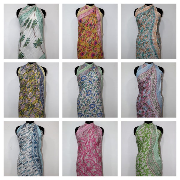 Sarong wholesale, 9 Color Hand Block Printed Cotton Sarong, Beach Wrap Pareo, Long Scarf, Large Sarong, Cover up, Pack of Three sarongs