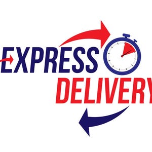 Könnte beinhalten: Bild mit dem Text "EXPRESS DELIVERY" in Blau und Rot, mit einem Stoppuhr-Symbol. Rote und blaue Pfeile krümmen sich um den Text. Die Stoppuhr hat einen blauen Rand und rote Zeiger.
