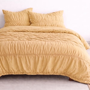 Butter Yellow Wrinkle Duvet Cover, Soft Wrinkled Bed Cotton, Bohemian Textured Quilt Cover, Relaxed Wabi Sabi Decor, Button Closure