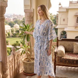Hand Block Print Fish Pattern Kaftan -Organic Cotton Beach Cover Up - Coastal Boho Resort Wear - Handmade Summer Lounge Dress - Gift for Her