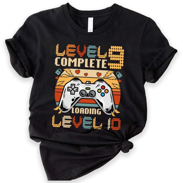 9th Wedding Anniversary Gift for Husband Wife, Personalization Level 9 Complete, 9 year Anniversary Gift for Gamer, Retro Video Game Shirt