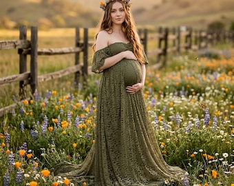 Abito boho, abito lungo premaman, abito in pizzo per servizio fotografico di gravidanza, abito con strascico lungo per il pancione.