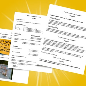 Op de afbeelding: Een close-up van een document met de titel "NVQ Level 3 (Electrical Installation)" en de tekst "I have obtained the information required from appropriate sources." Het document bevindt zich op een gele achtergrond.