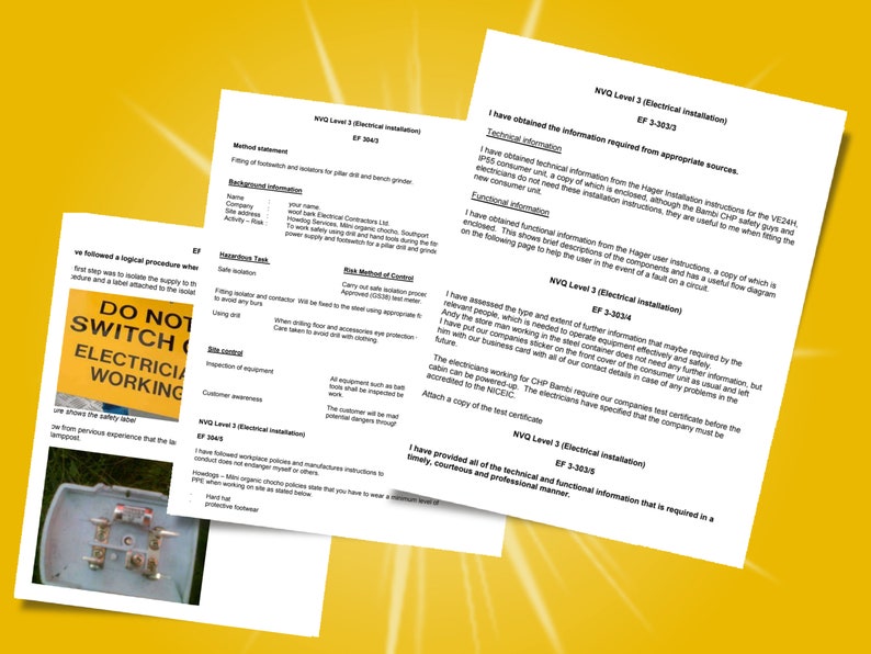 Op de afbeelding: Een close-up van een document met de titel "NVQ Level 3 (Electrical Installation)" en de tekst "I have obtained the information required from appropriate sources." Het document bevindt zich op een gele achtergrond.