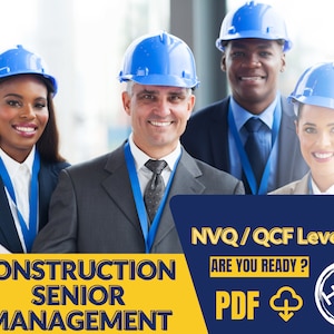 Könnte beinhalten: Vier Personen in blauen Schutzhelmen und Businesskleidung stehen vor einem gelben und blauen Hintergrund. Der Text "CONSTRUCTION SENIOR MANAGEMENT NVQ/QCF Level 7 ARE YOU READY? PDF" befindet sich auf dem Hintergrund.