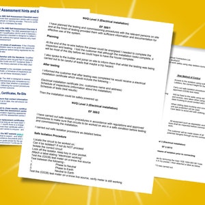 Op de afbeelding: Een close-up van een document met de titel "AM2 Assessment hints and tips" en een sectie met de titel "Results, Certificates, Re-Sits". Het document bevat informatie over elektrische installatiebeoordelingen.