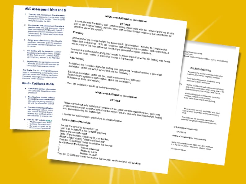 Op de afbeelding: Een close-up van een document met de titel "AM2 Assessment hints and tips" en een sectie met de titel "Results, Certificates, Re-Sits". Het document bevat informatie over elektrische installatiebeoordelingen.