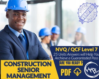 Puede incluir: Un hombre con un casco azul y un traje azul se encuentra frente a una pancarta amarilla con el texto "CONSTRUCTION SENIOR MANAGEMENT" y "NVQ/QCF Level 7". La pancarta también incluye el texto "25 Units Answers will Help You Achieve a Guaranteed Pass" y "ARE YOU READY?" con un icono de descarga y el texto "PDF".