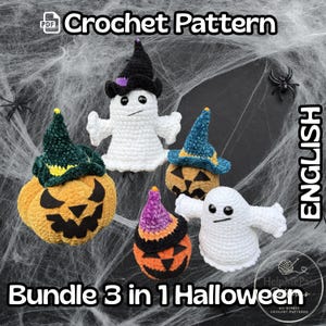 May include: A PDF crochet pattern bundle featuring three Halloween-themed plushies: two white ghosts with black eyes and a straight-line mouth, and three pumpkins with felt faces wearing colourful pointed hats in black, blue, and purple.