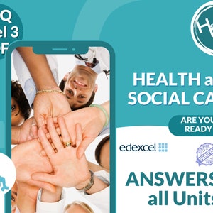 May include: A group of people with their hands clasped together, symbolizing teamwork and support. The image is a promotional graphic for NVQ Level 3 Health and Social Care answers, with the text "ARE YOU READY" and "ANSWERS to all Units".