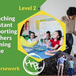 以下が含まれることがあります： 教師と生徒がいる教室。教師は生徒の仕事を手伝っています。画像には「Level 2 Teaching Assistant Supporting Teachers Learning Cache Coursework」というテキストが含まれています。