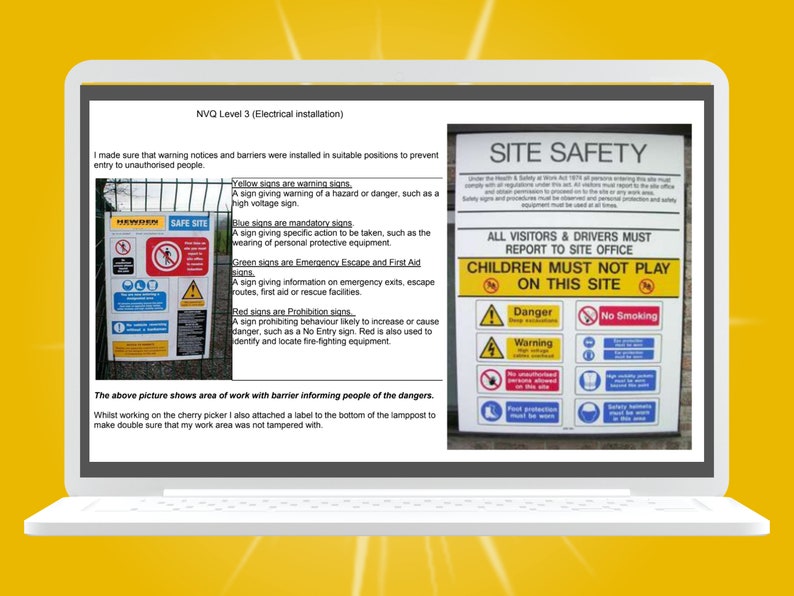 Op de afbeelding: Een veiligheidsschild voor de site met gele en zwarte tekst die luidt "Alle bezoekers en chauffeurs moeten zich melden bij het kantoor van de site" en "Kinderen mogen niet spelen op deze site". Het bord bevat ook verschillende kleinere veiligheidsschilden met symbolen en tekst, zoals "Gevaar", "Waarschuwing", "Niet roken" en "Voetbescherming moet worden gedragen".