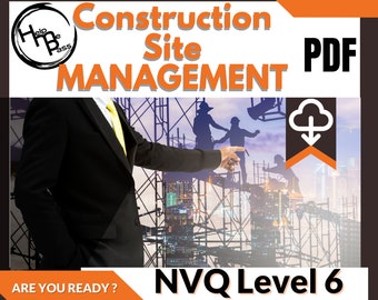 Puede incluir: Imagen que promociona Construction Site Management PDF, NVQ Nivel 6. Presenta a una persona con traje señalando un gráfico de obra. Incluye el texto "Help Me Pass" y "Are You Ready?"