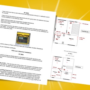 Op de afbeelding: Een document met een gele achtergrond en tekst over elektrische installatie. Het document bevat een afbeelding van een gele elektrische tester en een diagram van een plattegrond van een huis.