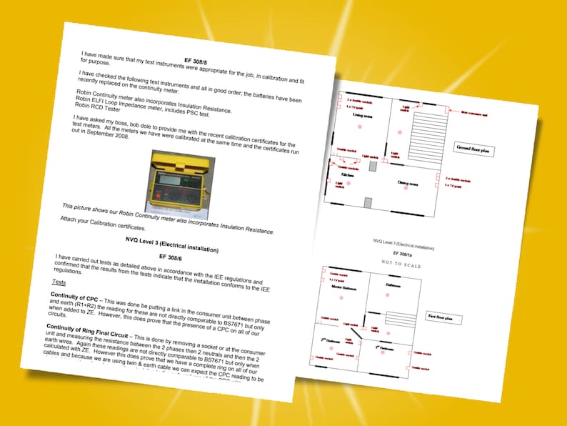 Op de afbeelding: Een document met een gele achtergrond en tekst over elektrische installatie. Het document bevat een afbeelding van een gele elektrische tester en een diagram van een plattegrond van een huis.