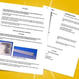 Op de afbeelding: Een close-up van twee witte elektrische dozen en een wit kunststof oppervlakte-montage-kanalsysteem. De tekst op de pagina luidt "EF 2-305/2", "NVQ Level 3 (Electrical Installation)", "EF 2-305/3", "YTZ PVC surface mini trunking", "We are using 25mm x 16mm YT2 PVC mini trunking and the correct surface back box to suit including the spouts: these conform to BS4578, specification sheet included."