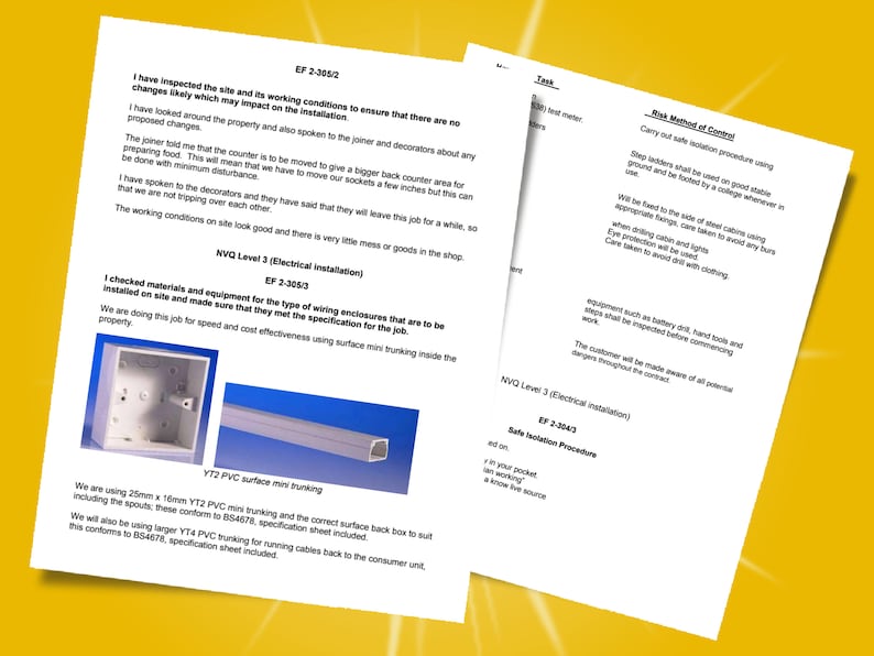 Op de afbeelding: Een close-up van twee witte elektrische dozen en een wit kunststof oppervlakte-montage-kanalsysteem. De tekst op de pagina luidt "EF 2-305/2", "NVQ Level 3 (Electrical Installation)", "EF 2-305/3", "YTZ PVC surface mini trunking", "We are using 25mm x 16mm YT2 PVC mini trunking and the correct surface back box to suit including the spouts: these conform to BS4578, specification sheet included."