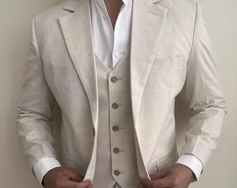 UK & US - 3 Piece Cream Linen Men's Suit