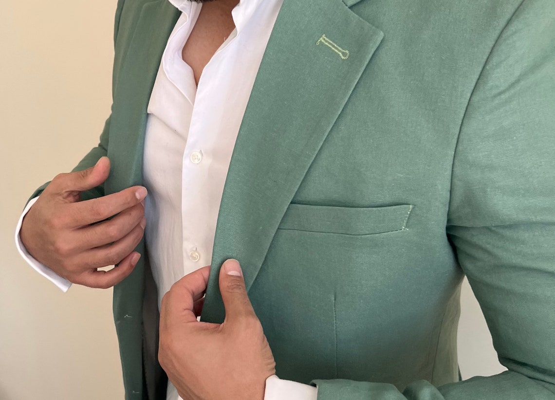 US UK Sage Green Linen Men's 3 Piece Suit Etsy