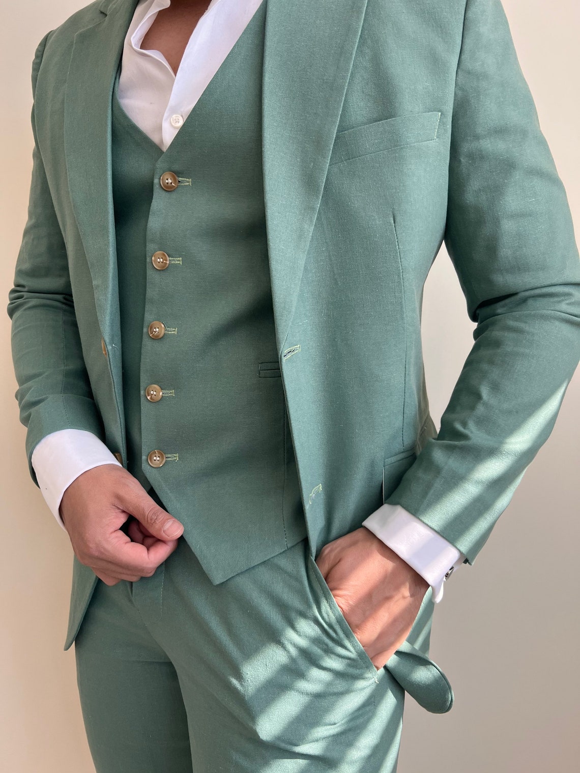 Sage Green Linen Men's 3 Piece Suit Etsy UK