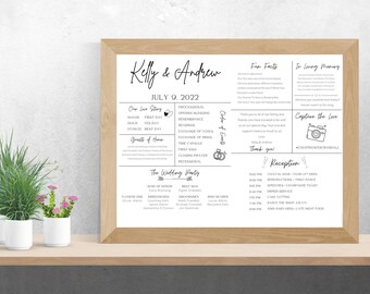 May include: A white wedding program with black text and illustrations. The program includes the couple's names, wedding date, order of events, and a list of the wedding party. The program also includes a section for fun facts and a section for in loving memory.