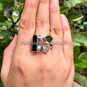 Moldavite Herkimer Diamond Black Tourmaline Ring: Sterling Silver