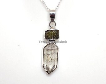 Moldavite & Herkimer Diamond Pendant: Handmade Sterling Silver Jewelry