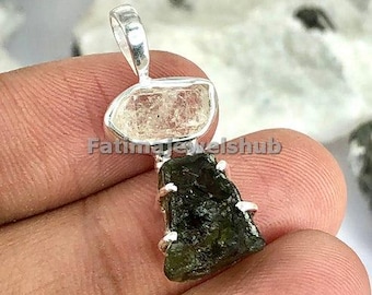 Moldavite & Herkimer Diamond Pendant: .925 Sterling Silver, Handmade