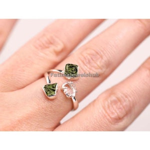 Handmade Moldavite Herkimer Diamond Ring: .925 Sterling Silver Adjustable Band