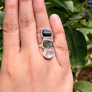Moldavite, Herkimer Diamond & Black Tourmaline Ring: Handmade Sterling Silver