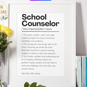 May include: A printable black and white definition of the word "School Counselor" with the pronunciation and three definitions. The text is on a white background with a black border.