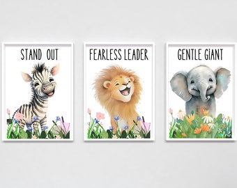 Safari Animal Nursery Prints Set of 3 - Lion, Zebra, Elephant, Jungle Safari Nursery Decor, Nursery Wall Art Printable, Jungle Animal Prints