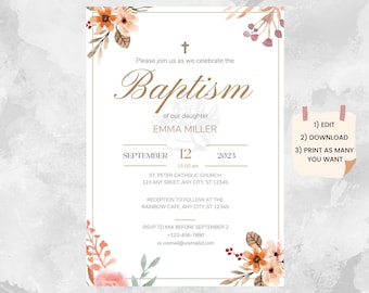 Baptism Invitation Template, Christening Template, Pink Floral, Editable, Baptism Invitation Card, Baptism Invite Digital, Download ERD08