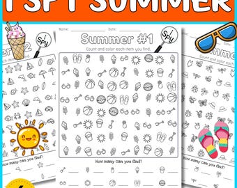 I Spy Summer Printable Worksheet, Search Count and Color Activity, Preschool Kids Seek and Find Game, Instant Download