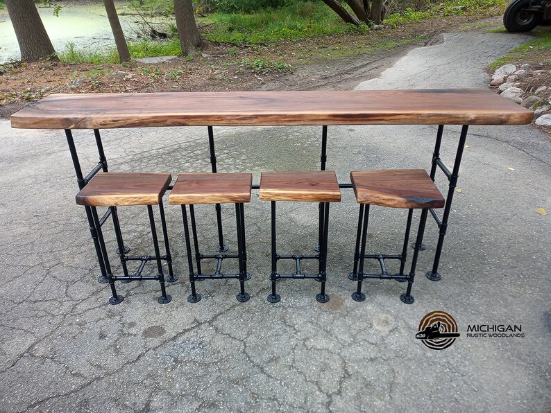 Black Walnut Bar Table Couch Table With Stools Etsy