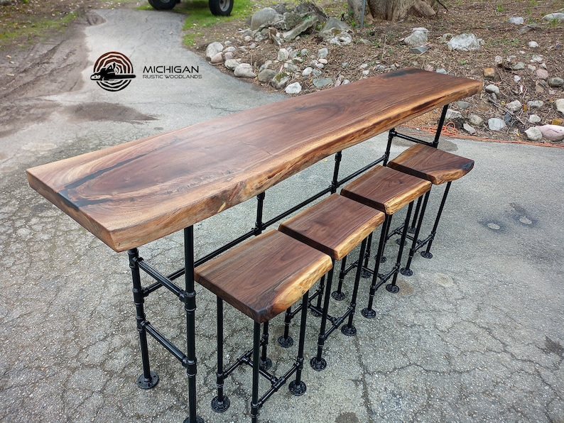 Black Walnut Bar Table Couch Table With Stools Etsy