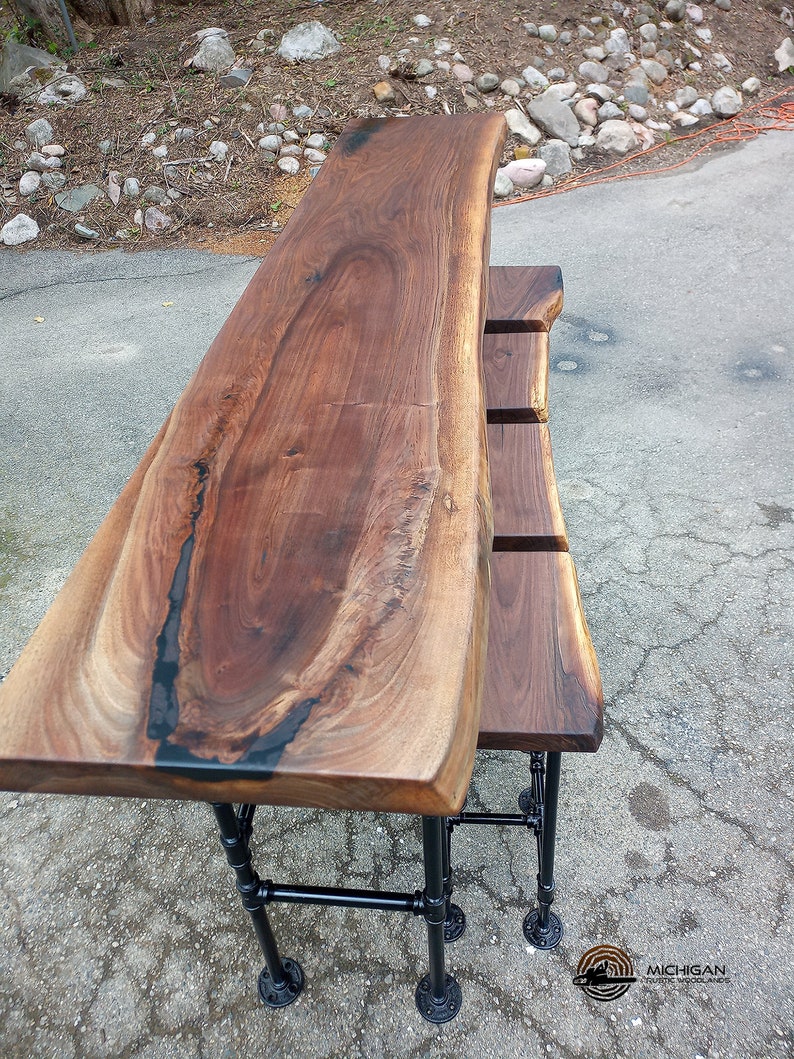 Black Walnut Bar Table Couch Table With Stools Etsy