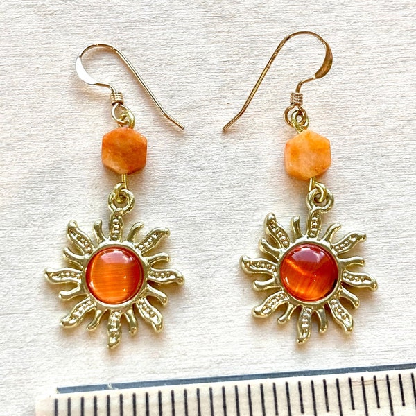 Sun Dangle Earrings 14 Karat Gold Hypoallergenic Hook Sunrise Jewelry Orange Dyed Agate Celestial Sunshine Earrings