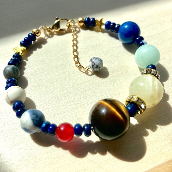 Planets Solar System Bracelet in Sterling Silver and 14kt Gold Filled / Gemstones Beads Crystals Healing Jewelry Tigers Eye Natural Elements