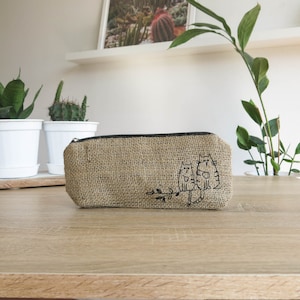 Pencil Pouch with Cat Embroidery, Cute Pencil Case, Organic Pencil Case, Small Makeup Bag