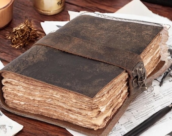 Vintage leather Journal - Blank Spell Book of Shadows, Grimoire Journal, Travel Writing Notebook, Antique Deckle Edge Paper Lock Closure.