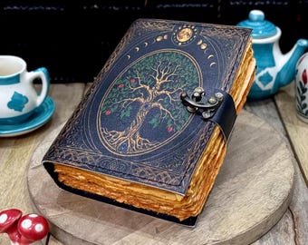 Large Leather Grimoire Journal, Tree of Life Celestial Emboss, Vintage Lock Closure