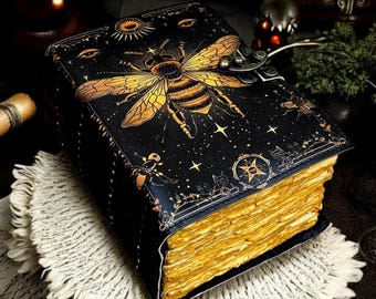 Mystical Bee Leather Journal | Celestial Spell Book, 400 Page Notebook