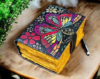 Butterfly Leather Journal, Vintage Blank Book of Shadows, Handmade